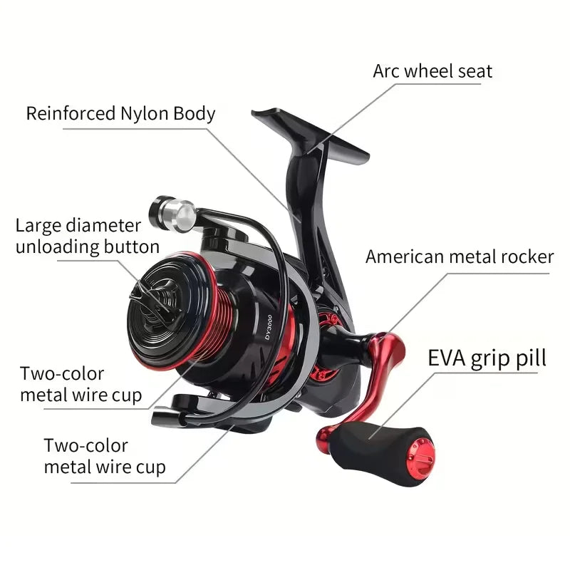 Black Red Design 1000-7000 Series Ball Bearings 13+1 15KG Max Drag Spinning Reel Metal Body Freshwater Saltwater Fishing Reel