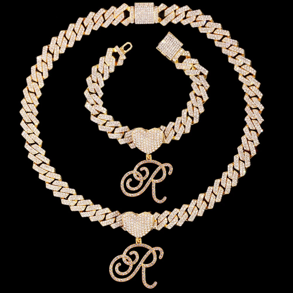 2 PCS Set New Fashion A-Z Initial Cursive Letter Luxury Rhinestones Pendant Cuban Necklace for Women Iced Out Cuban Link Chain Necklace Set Jewelry