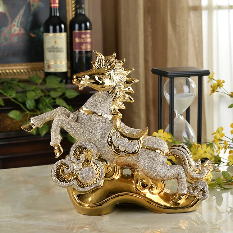 33 x 28cm Handmade Craft Modern high-end ceramic handicrafts fly yellow Tengda gold-plated horse ornaments home decorations housewarming gifts