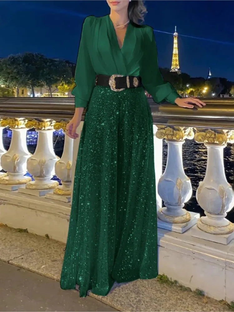 S-3XL 8 Colors Plus Size NEW Arrivals Women's Girls Fall New Fashion V-Neck Long Sleeved Shirt Elegant Sexy V-Neck Slimming Waist Sequin Wide Leg Jumpsuit Set Evening Night Wedding Birthday Party Suit Female Ladies Luxury Fas