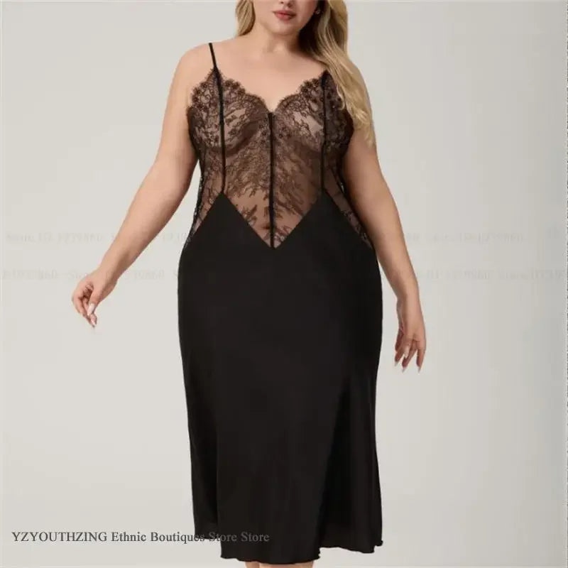 For Curvy Ladies UK Oversize XL-5XL Long Nightgown Sleepwear Sexy Patchwork Hollow Out Lace Lingerie Nightdress Loose Ice Silk Home Wear  Big Women Loungewear