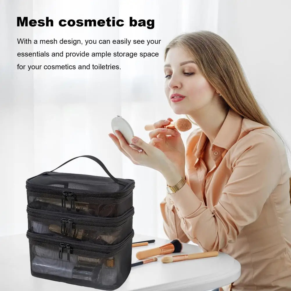 NEW Large Capacity Mesh Make Up Pouch Portable Multi-Layer Cosmetic Bag with Capacity Visible Zipper Closure for Travel Airport Outdoor 
 Makeup Storage Organizer Ladies Cosmetics Accessories Supplies