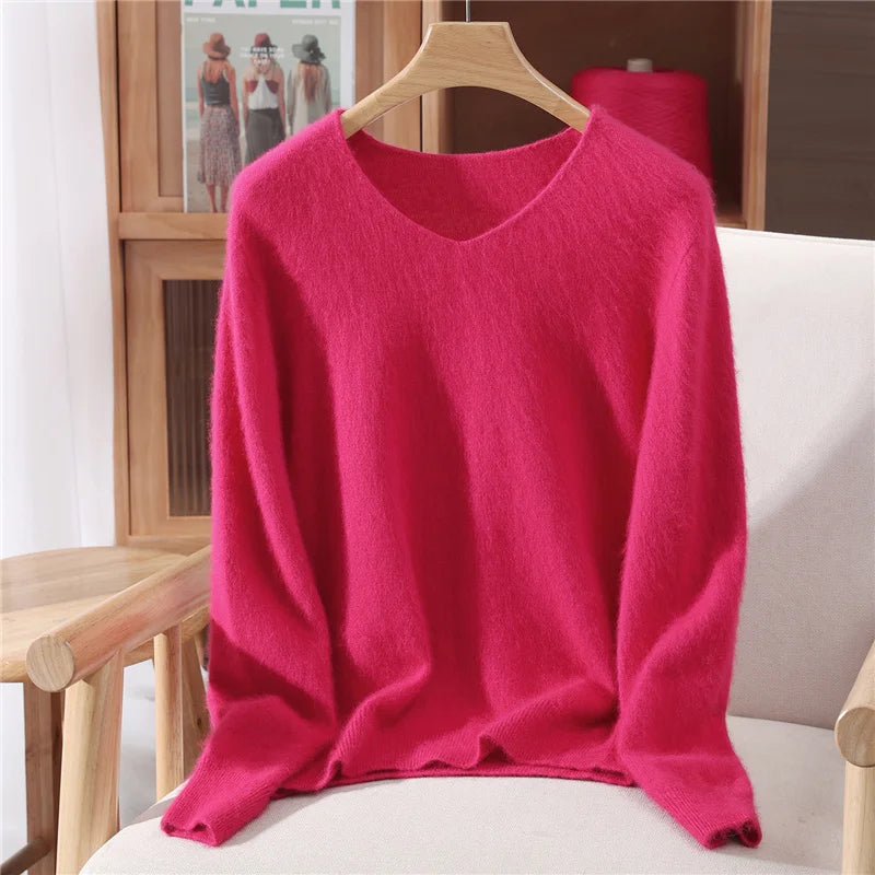 100% Mink Uzbekistan Cashmere 10 Colors S-3XL UK Plus Size Sweater Women's Autumn Winter New Style Solid Color V-Neck Knitted Top Quality Sweater Versatile Loose Base Top