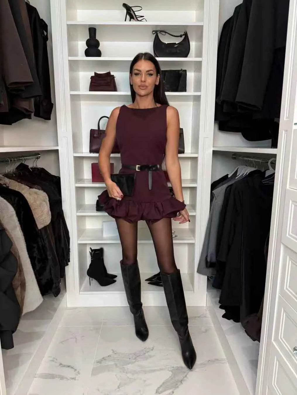NEW Arrivals 3 Colors Sexy Solid Ruffled Hem Women Dress O-Neck Sleeveless Backless Slim Mini Solid Color Evening Party Night Club Dresses Ladies Sexy Fashion Clothing Supplies