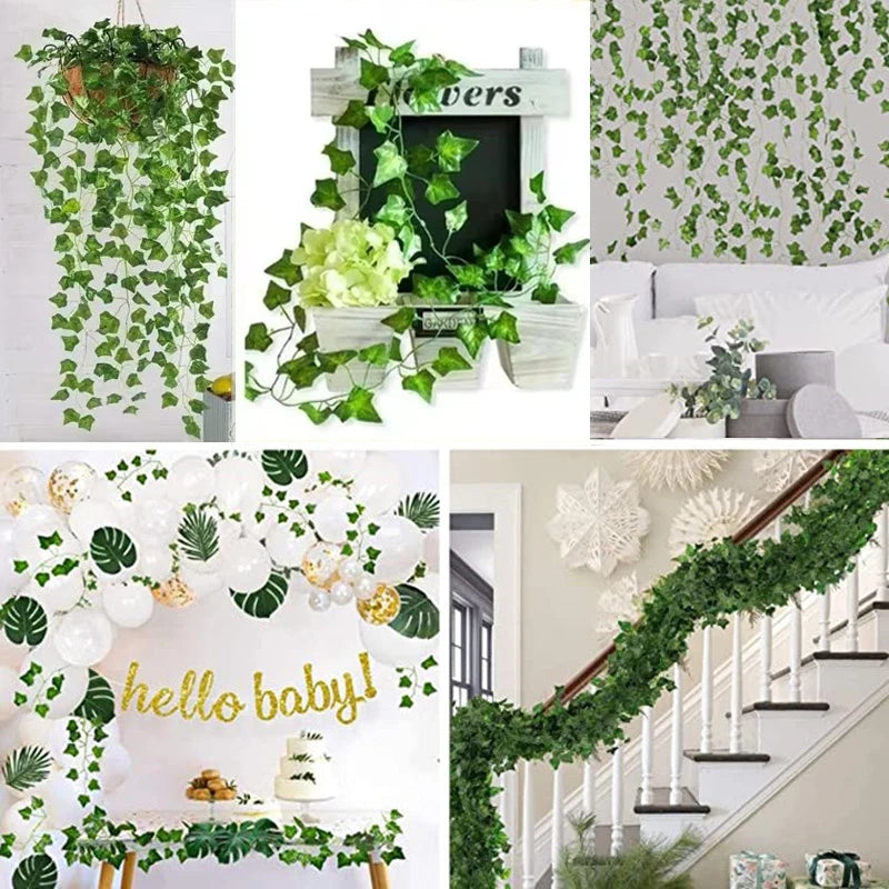 10M-105M 50 Strings Artificial Vine Leaf Decoration Vine Plants Hanging Outdoor DIY Fake Green Ivy Leaf Garland Rattan Wedding Garden Creeper Grapes Watermelon Begonia Sweet Potatoes Leaves