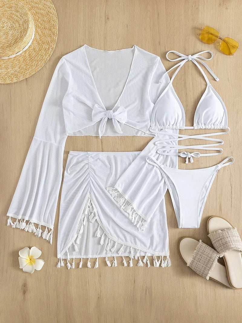 New 4 Pieces Suit Swimwear Tassel Flare Sleeve Crop Top+Skirt+Micro Bikinis Cover-Up Beachwear Halter Bandage Swimsuit Tankinis