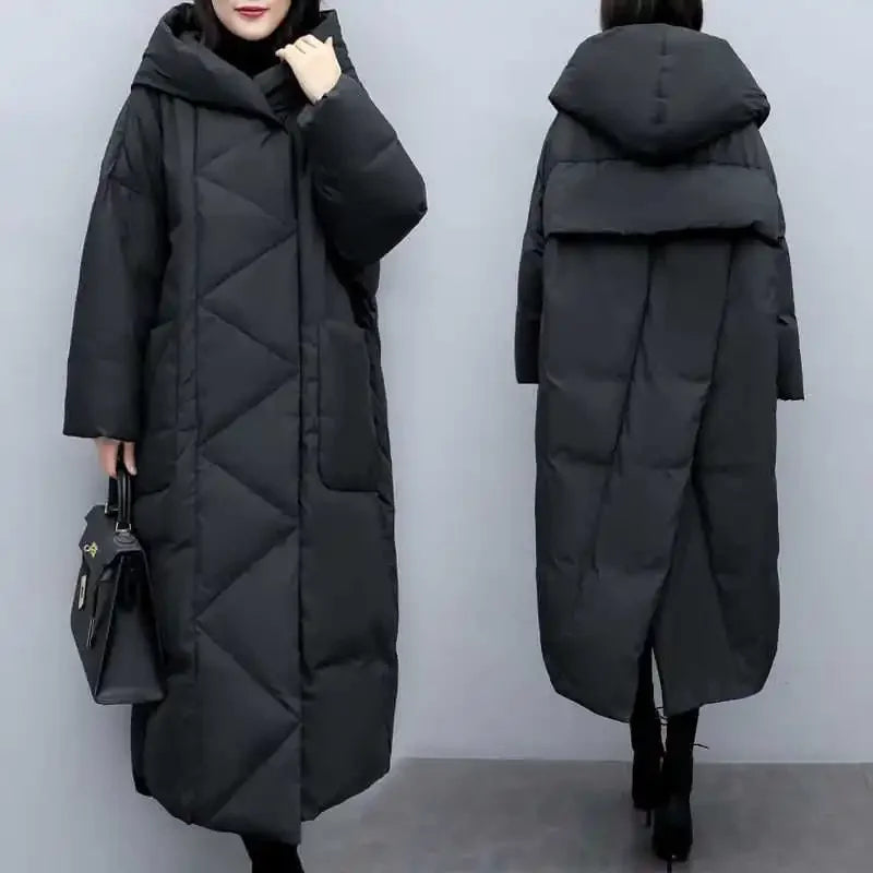 UK Size S(8)-3XL(20) Long Thick Parkas Zipper Hooded Spliced Jackets Women Maxi Warm Loose Coats Pockets Autumn Winter Y2K Coat Warm Parkas Coat