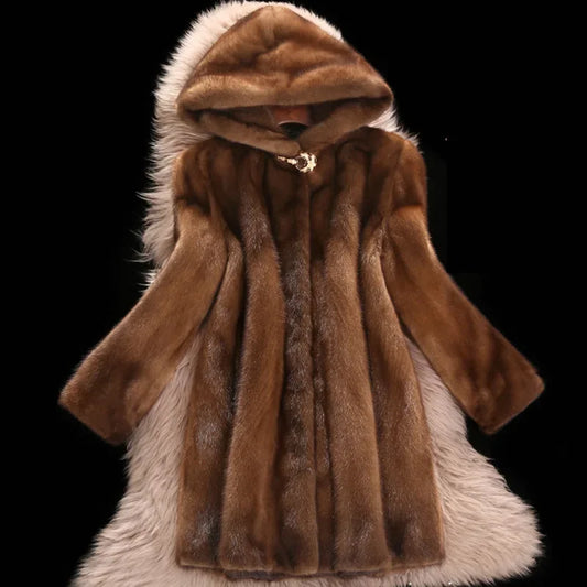 S-9XL Plus Size Hooded Long Faux Fur Coat Women Autumn Winter Large Jacket Overcoat Turn Down Collar Thick Coat Warm Jackets Maxi Coats