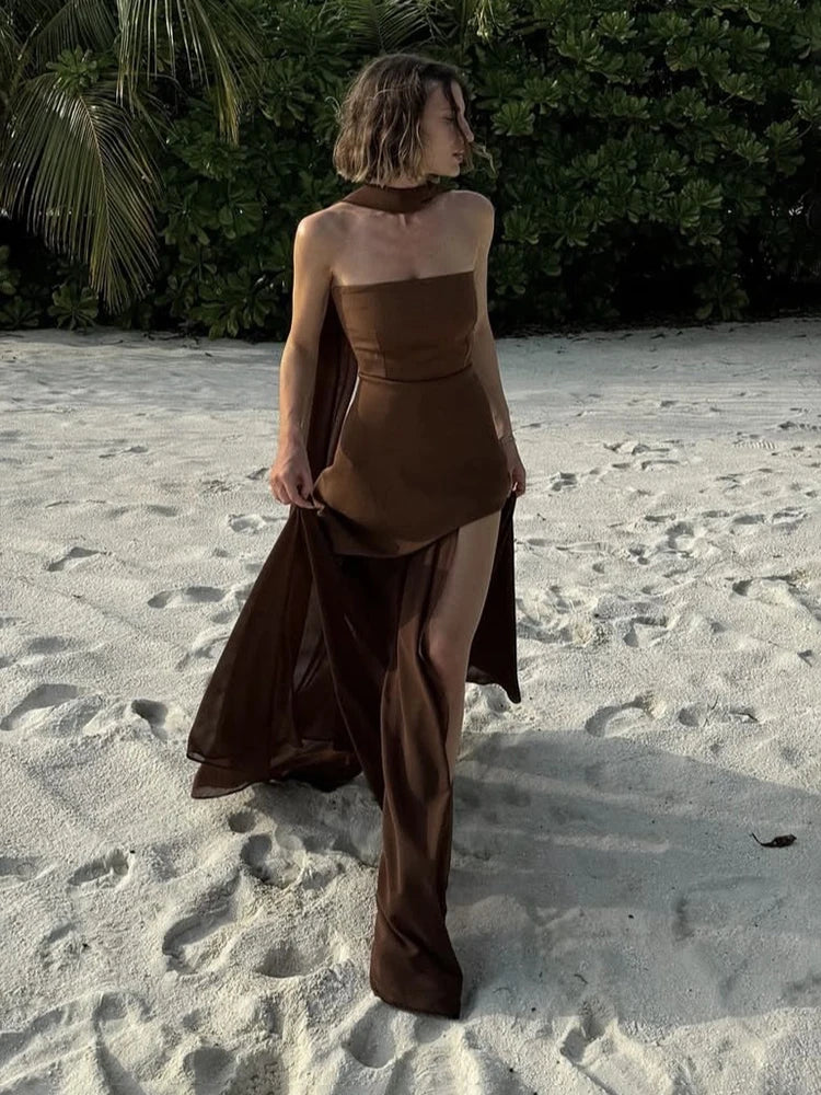 NEW Arrivals UK Size 4 Colors Italian Luxury Fashion Strapless Dress With Ribbon Female Elegant Sleeveless Mesh Evening Beach Night Club Sexy Long Dress Spring Summer Ladies Luxury Fashion Clothing Supplies
