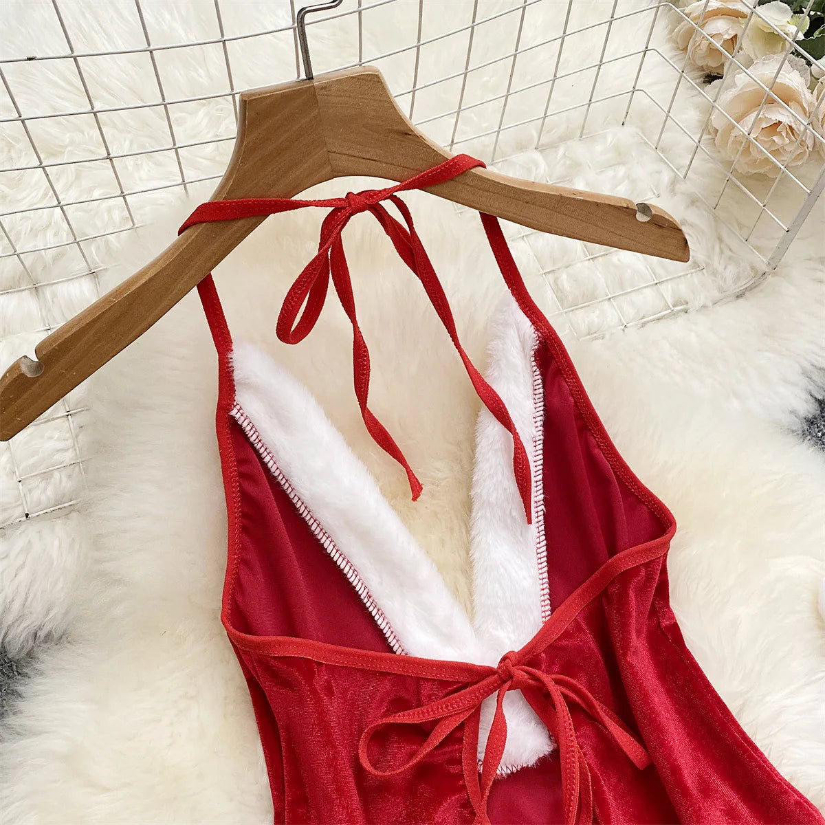 NEW Red Christmas Sexy Lingerie Cosplay Rabbit girl Jumpsuit Belt Women New Backless Hollow Out Lace-up Bodysuit Sweet
