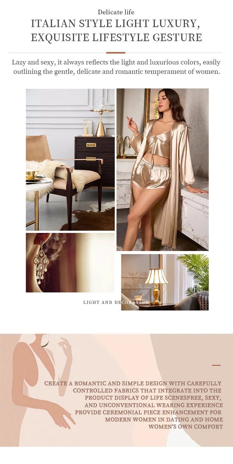 3 PCS Set S-XL Black/Champagne Color Ice Silk Sexy Women Pajamas Ladies Nightgowns Satin Robes Nightdress Sling and Short Women Robe Ladies Luxury Sensual Underwear Ensemble Clothes