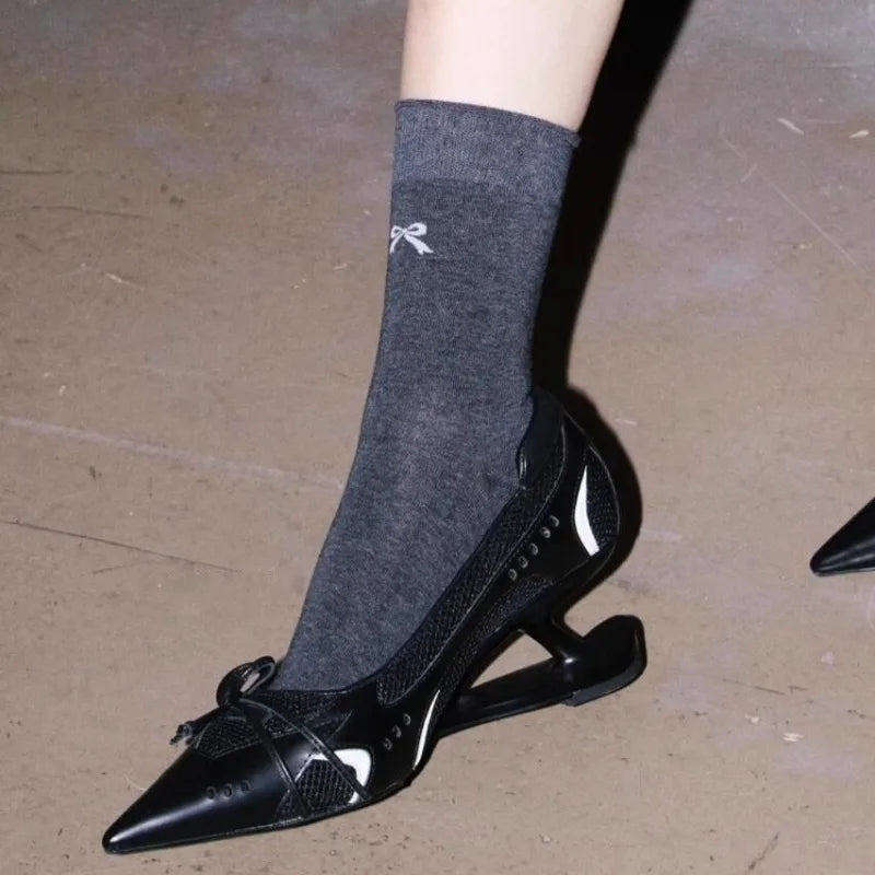 3 Colors New Style Special Heel Spliced Heels Pointed Toe Heels Women's Fashion Shallow Mouth Bow Non-Slip Mary Jane Single Shoes Large 42
