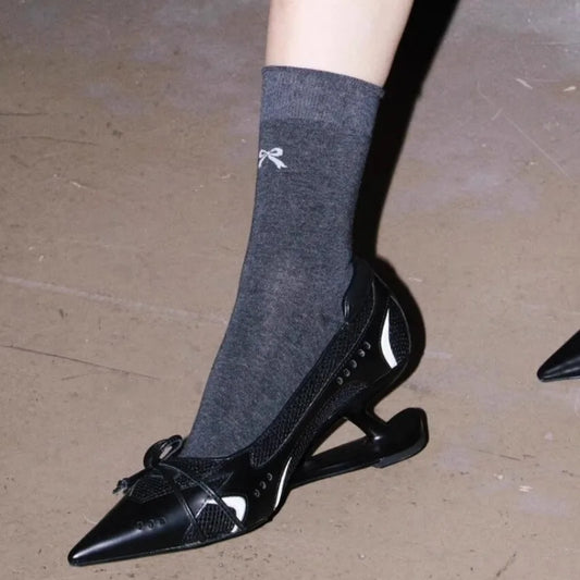3 Colors New Style Special Heel Spliced Heels Pointed Toe Heels Women's Fashion Shallow Mouth Bow Non-Slip Mary Jane Single Shoes Large 42