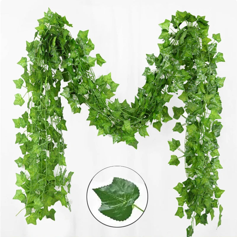 10M-105M 50 Strings Artificial Vine Leaf Decoration Vine Plants Hanging Outdoor DIY Fake Green Ivy Leaf Garland Rattan Wedding Garden Creeper Grapes Watermelon Begonia Sweet Potatoes Leaves