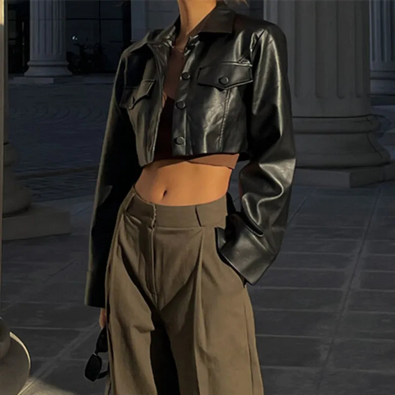 Autumn Faux Leather Short Jacket Turn-down Collar Fashion Botton Decoration Coat Grunge Street Casual Coats