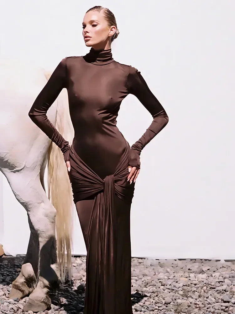 NEW Arrivals Black/Red/Coffee Color High Neck Long Sleeve Bodycon Dress Women's Tight Elastic Lace Up Maxi Long Dress Spring Autumn New Evening Party Night Club Wear