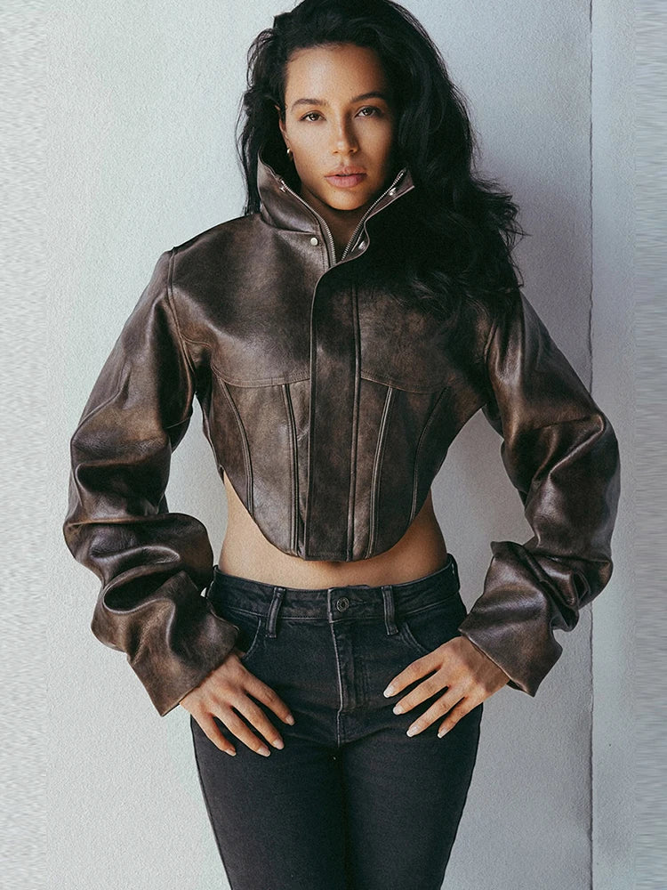 UK Size Brown/Black Color Wild PU Leather Irregular Crop Jacket Women Turtleneck Zip Button Full Sleeve Sexy Hottie Street Midnight Club Hipster Coat