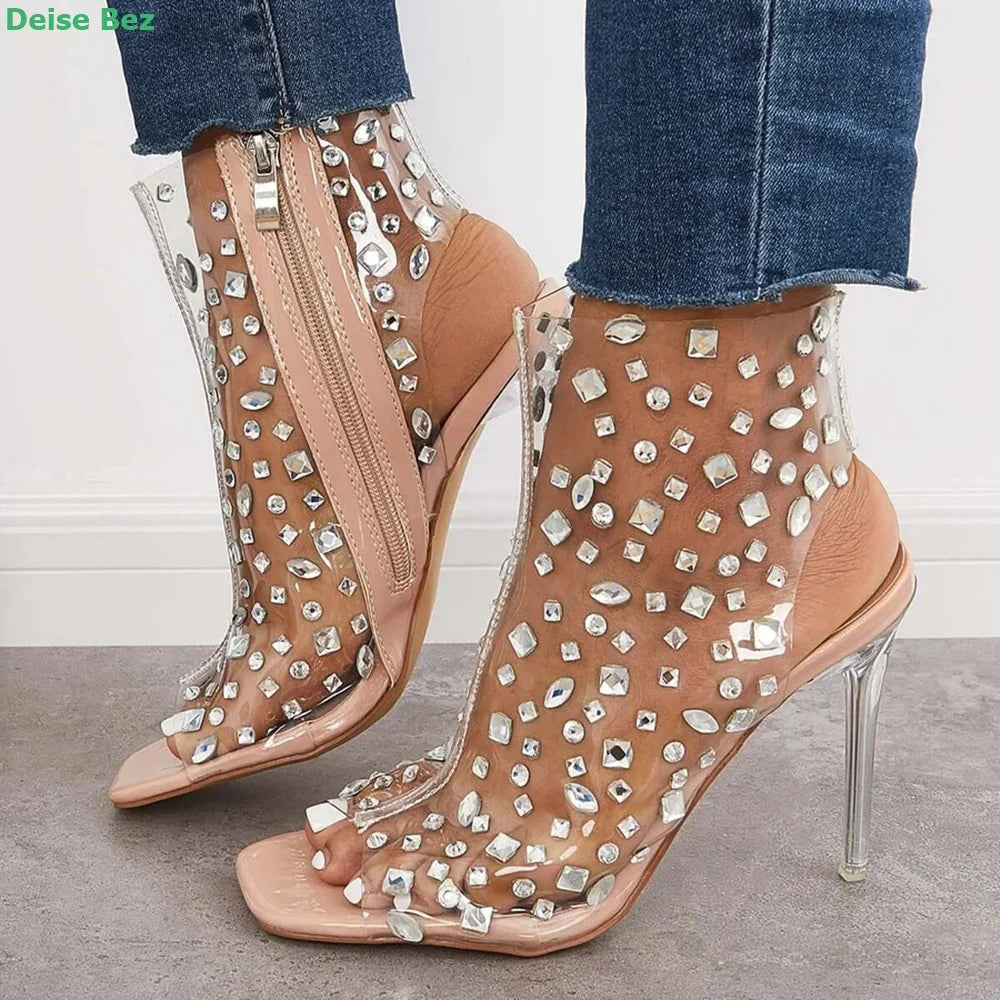 Clear PVC Peep Toe Boots Slingback Zipper Rhinestone Transparent  Ankle-high Thin High Heel Fashion Spring And Autumn Shoes
