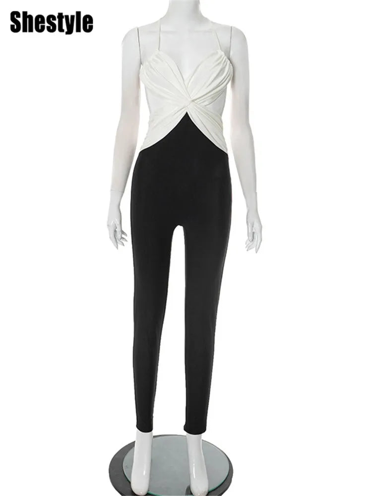 NEW Black/Pink Color  Backless Sleeveless Jumpsuits for Women Chest Wrapping V Neck Cross Panelled Bodycon Work Out Fitness Outfits Summer Female Fashion Clothing Supplies