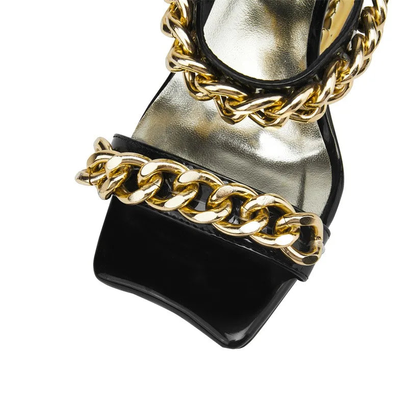 NEW Arrivals Big Gold Chain Peep Toe Tiger Teeth Heel Top Quality Sandals New Fashion Silvery Evening Beach Party Outdoors Women's Slippers Size 35-43