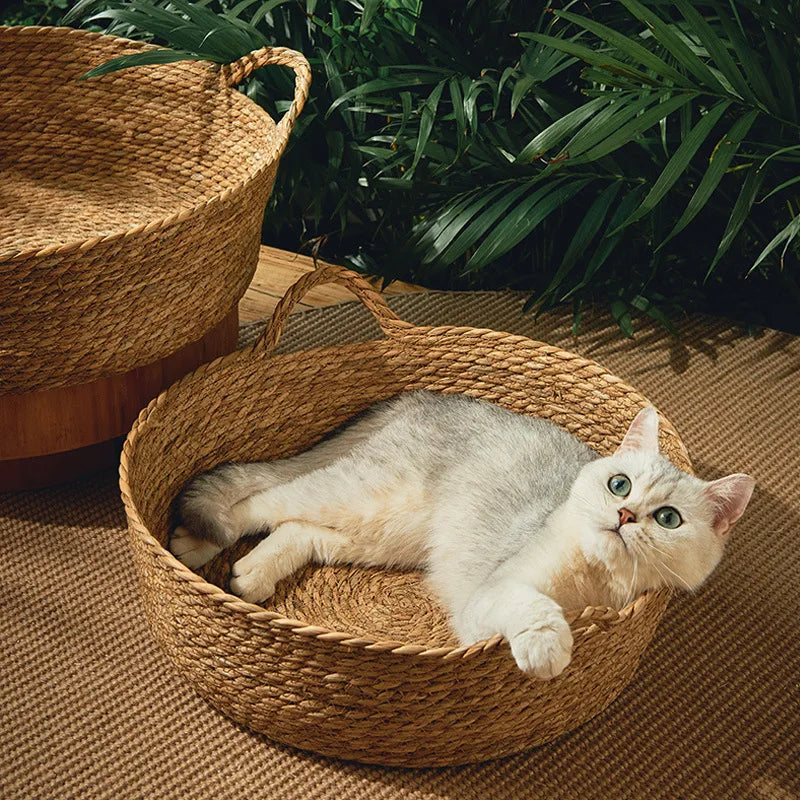 Bamboo Rattan Weaving Basket For Cat Comfortable Sleeping Pet Dog Bed Summer Cool Weave Cat House Donut Round Kitten Puppy Bed