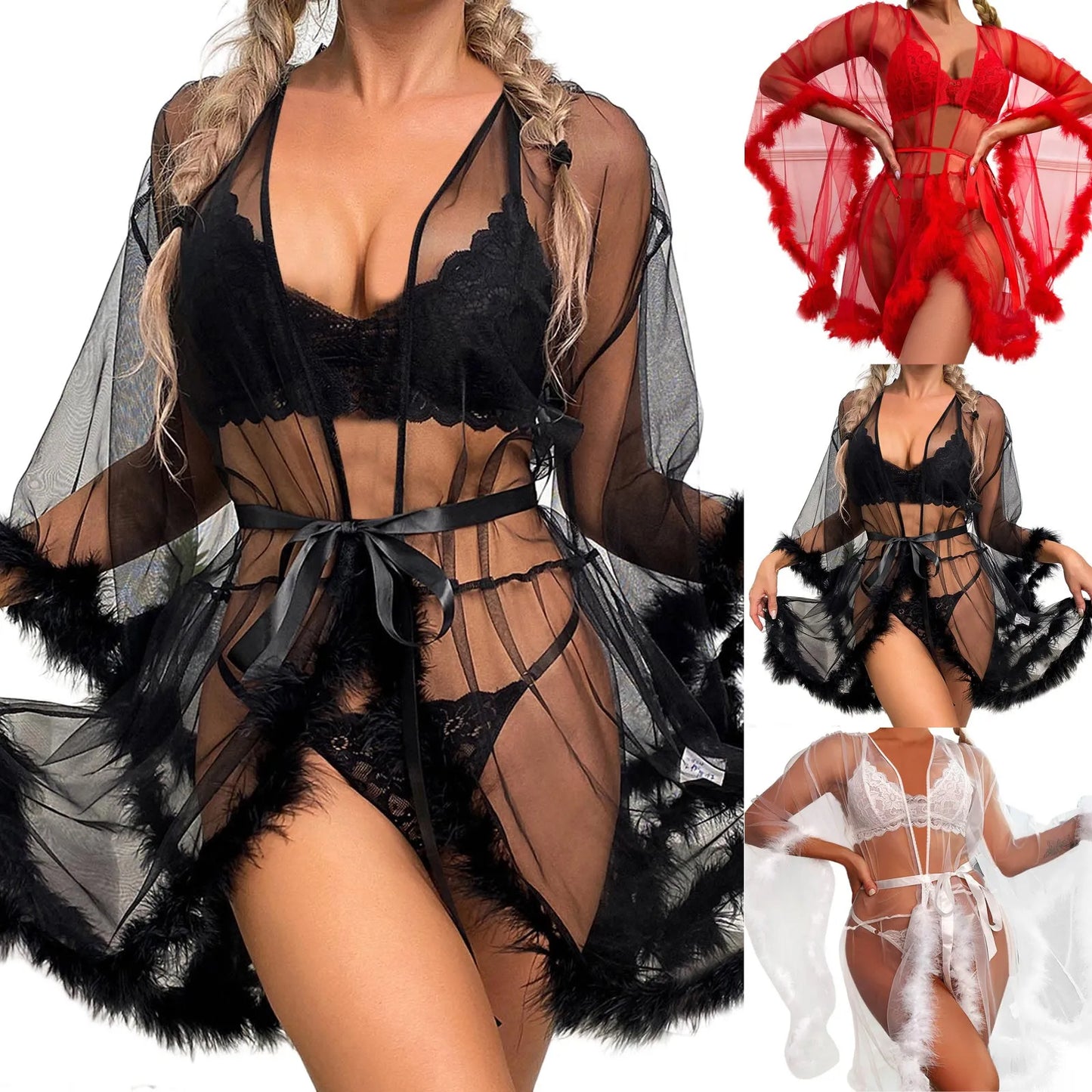 Ladies Sexy Lace Pajamas Evening Dress Sexy Lingerie Transparent Mesh Robe Underwear Solid Color Lace Bathrobe Dress Swimsuits