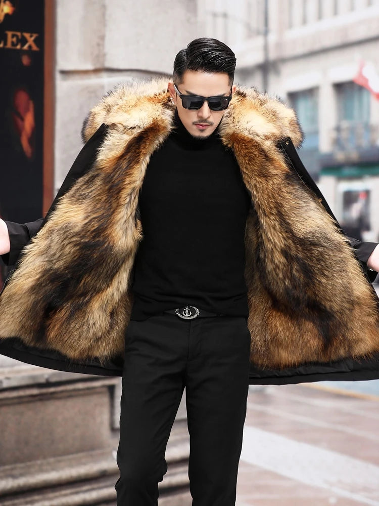 Jacket Men's Mink Fur Detachable Liner Fur Coat Mid-Length Imitation Fur Overcoat Jacket Hooded Slim-Fit Winter Business Casual