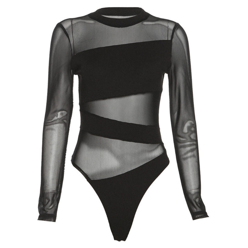 Low-Price Sales are Limited NEW Arrivals Women Female Sexy Irregular Sheer Mesh Patchwork Leotard Long Sleeve Fit Black Bodysuit Evening Rave Party Night Clubwear Jumpsuit Outfits Ladies Girls Luxury Apparel Accessories Cloth