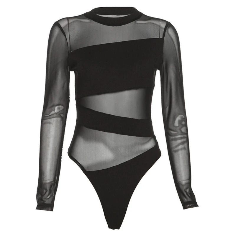 Low-Price Sales are Limited NEW Arrivals Women Female Sexy Irregular Sheer Mesh Patchwork Leotard Long Sleeve Fit Black Bodysuit Evening Rave Party Night Clubwear Jumpsuit Outfits Ladies Girls Luxury Apparel Accessories Cloth