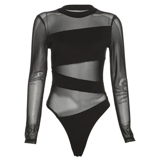 Low-Price Sales are Limited NEW Arrivals Women Female Sexy Irregular Sheer Mesh Patchwork Leotard Long Sleeve Fit Black Bodysuit Evening Rave Party Night Clubwear Jumpsuit Outfits Ladies Girls Luxury Apparel Accessories Cloth
