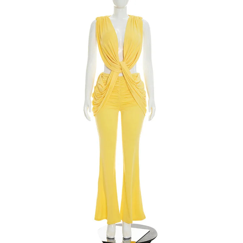 3 Colors Sexy Draped Low Neck Sleeveless Bodycon Jumpsuit Women Hipster Deep V-Neck Backless Ruched Skinny Flare Pants Rompers Evening Party Clubwear Outfits