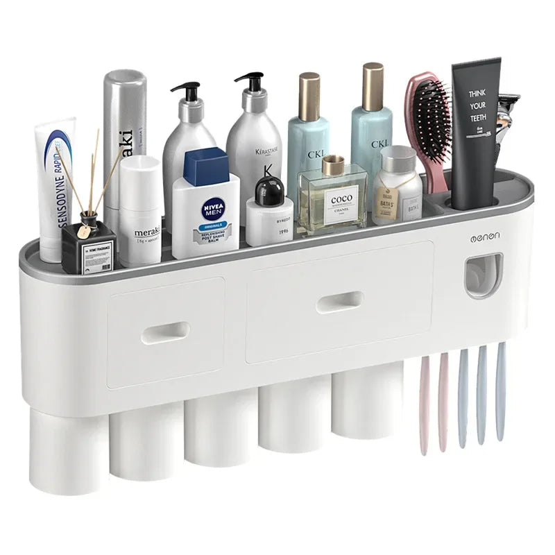 NEW Arrivals Wall-Mounted Magnetic Toothbrush Holder Automatic Toothpaste Dispenser Strong Adsorption Magnetic 5 Cups Bathroom Accessories Sets