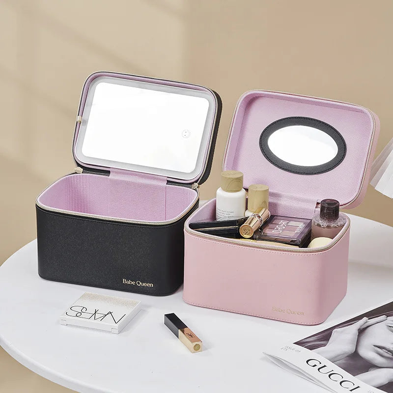 NEW Arrivals 10 Colors  LED Strip Light Mirror Make-Up Storage Case, Portable Large-Capacity Professional Cosmetic Bag