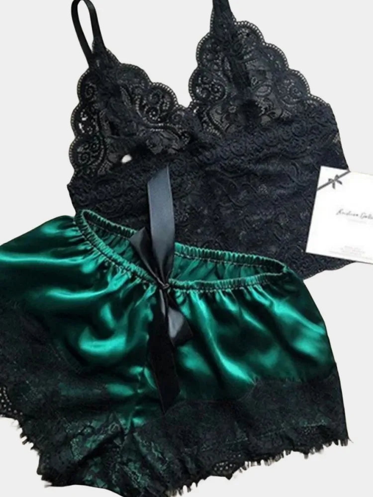 Pajamas Sets Women Lace Silk Sleepwear Sexy Lingerie Crop Tops and Shorts Baby Doll Nightwear Loungewear Pajamas