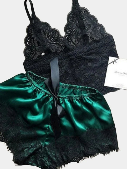 Pajamas Sets Women Lace Silk Sleepwear Sexy Lingerie Crop Tops and Shorts Baby Doll Nightwear Loungewear Pajamas