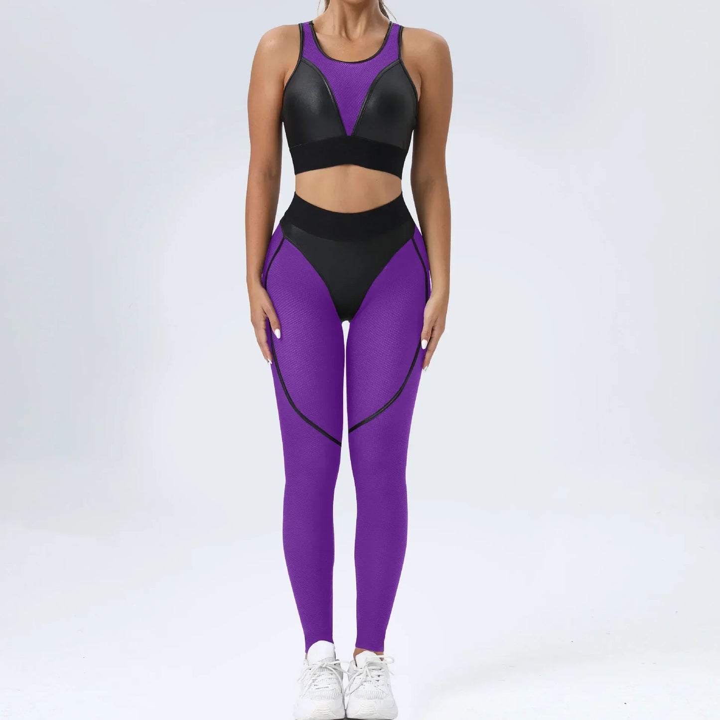 Honeycomb Patchwork Gym Workout Set Women Sportswear 2 Piece Clothing Yoga Suit for Fitness Activewear Female Sport Outfit Black