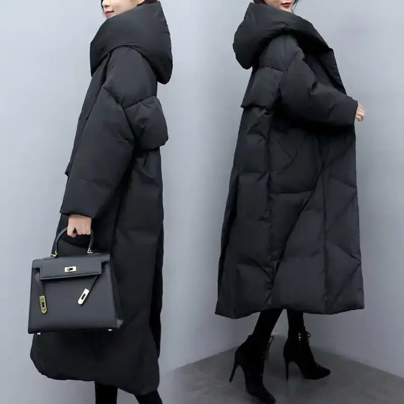 UK Size S(8)-3XL(20) Long Thick Parkas Zipper Hooded Spliced Jackets Women Maxi Warm Loose Coats Pockets Autumn Winter Y2K Coat Warm Parkas Coat