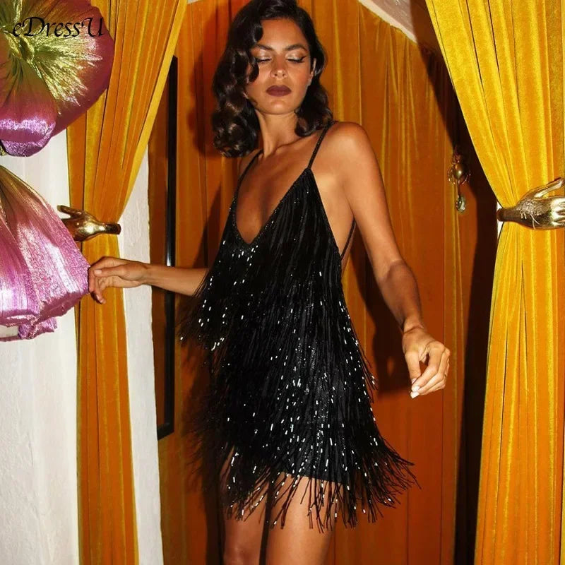 S-XL UK Size Black/Silvery/Gold Color Women Sexy Deep V-Neck Spaghetti Straps Fringe Bodycon Mini Dress Tassels Backless Gatsby Cocktail Night Club Prom Latin Dance Evening Party Dresses