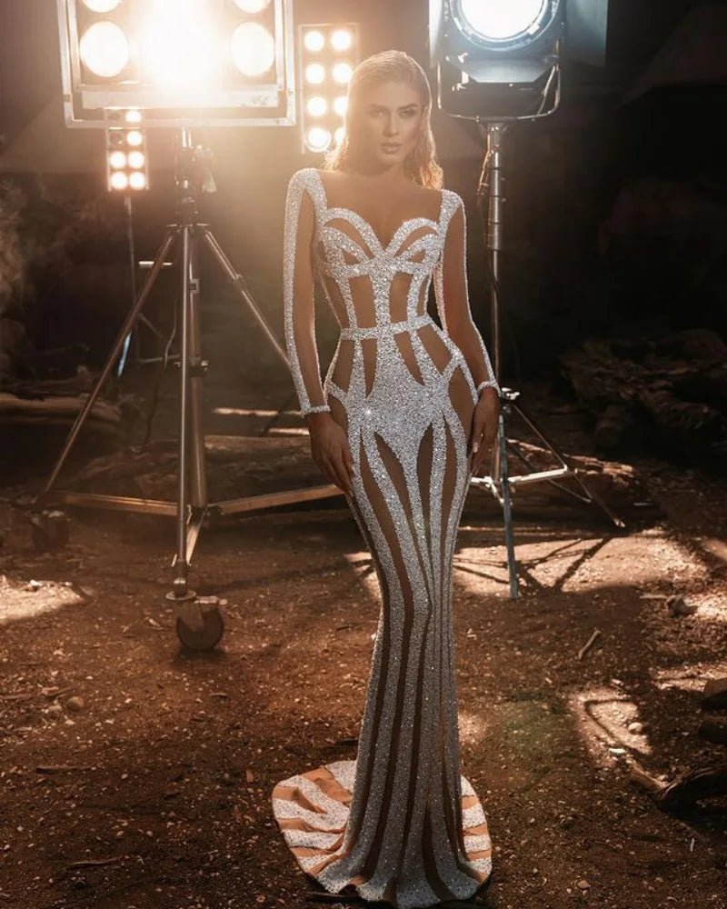 NEW Arrivals S-2XL One Size Smaller Than Usual Luxury Women Diamonds Prom Dresses Sexy Sprinkled Gold Banquet Package Hip Mermaid Evening Party Maxi Dress Ladies Luxury Fashion  Clothing Supplies