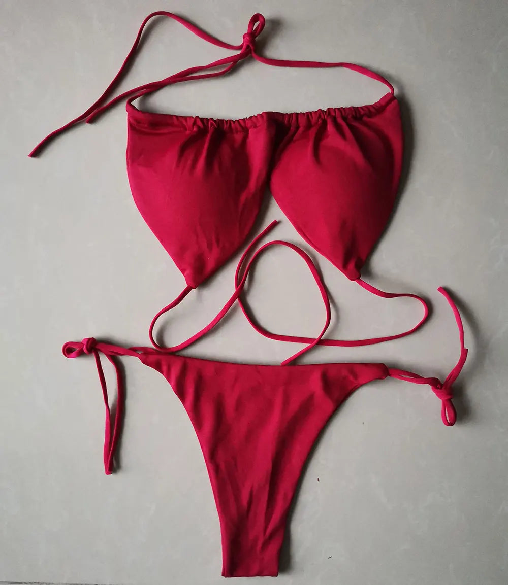 2 PCS Set S-XL Multi-Colors Summer Women's Sexy Bikini Push-Up Padded Bra Brazilian Thong Split Swimwear Female Bandage Bathing Suit Adjustable Lacing Swimsuit Solid