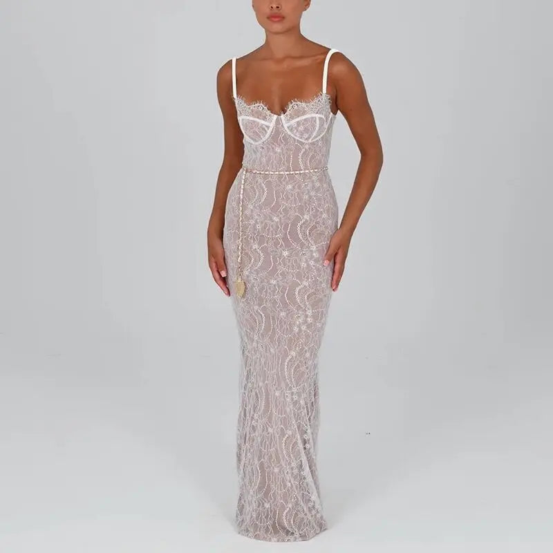 NEW Arrivals White/Black Sexy See Through Backless Lace Maxi Dress Women Off Shoulder Sleeveless Sling Long  Autumn Spring Summer Ladies Party Club Dress