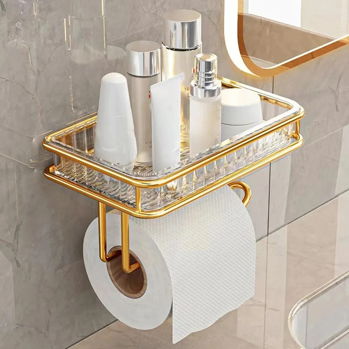 Light Luxury Bathroom Roll Paper Holder Tissue Box Free Punching Wall Hanging Toilet Organizer Phone Stand Bathroom Accessories