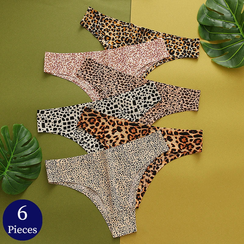 6PCS/Set Women's Panties Fashion Leopard Bikini Sexy Thongs Seamless Underwear Silk Satin Lingerie Sports Fitness G-Strings