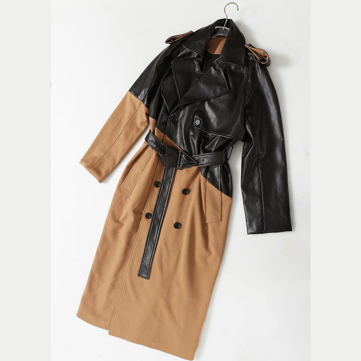Spliced leather trench coat women's mid-length temperament over the knee strap waist khaki color matching temperament
