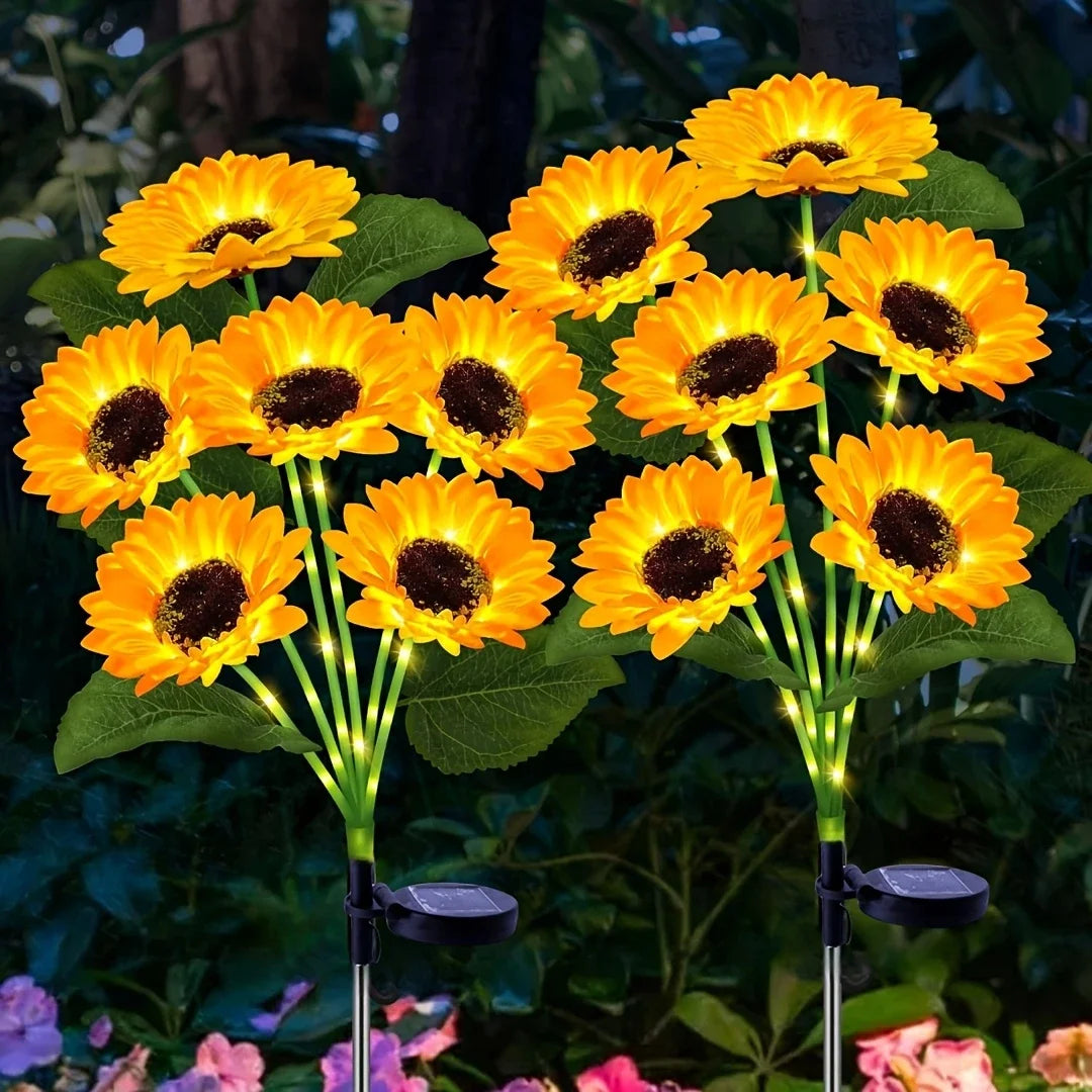 NEWEST 2PCS Set 75CM 6 Head Solar Simulation Sunflower with Luminous Pole LED Lights Garden Yard Lawn Night Lights Landscape Decor Lamps Home Garden Decoration Supplies