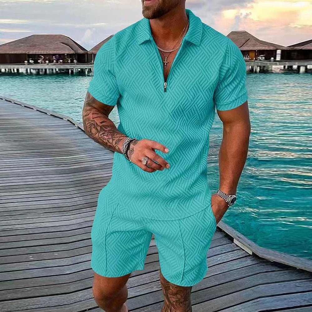 2 PCS Set S-5XL Plus Size for Curvy Men's Athletic T-Shirt Set Casual Mesh Lapel Short Sleeve Pullover Tops + Shorts  Solid Thin Sporty Suits Summer Casual Clothing Suit