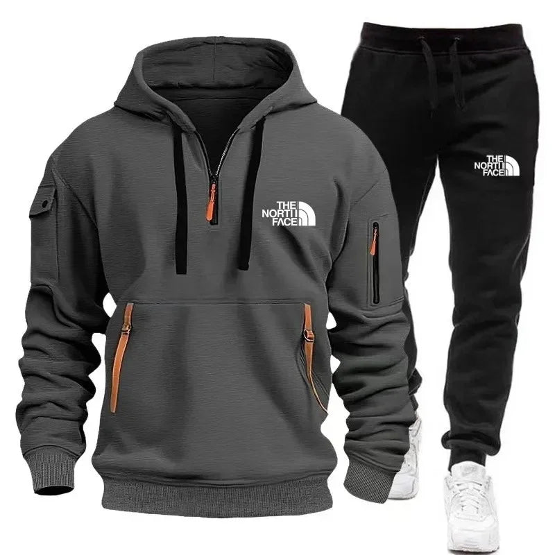 NEW Arrivals 2PCS Set S-3XL 8 Colors Autumn and Winter Men's New Multi-Pocket Zipper European Size Warm Long-Sleeved Hooded Sweatshirt + Pants Gym Fitness Suit Male Men Sports  Casual Fashion Apparel Supplies