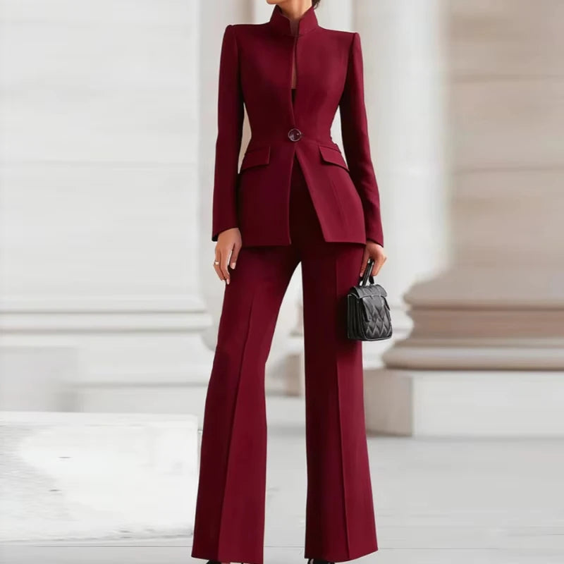 5 Colors 2 PCS Set S-2XL UK Size Elegant Long Sleeved Blazer + Pants Suit Autumn Spring Simple Solid Color Commuting Outfit Women's Temperament Slim Fit Professional Set