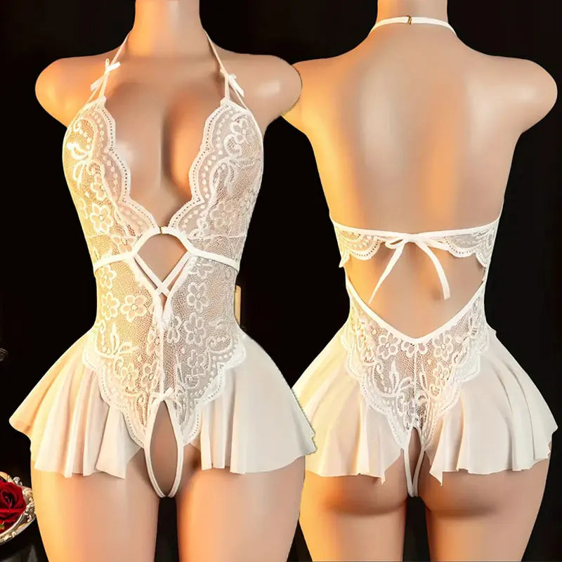 4 Colors Sexy Crotchless Lingerie For Hot Adult Women Front Buckle Bra Neck Erotic Babydoll Costume Open Night Dress Porn Sexy Underwear