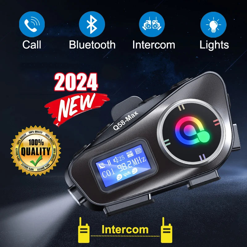 2024 New Motorcycle Intercom Helmet Wireless Bluetooth Headsets IP65 Waterproof Riders Music Sharing Earphone TF Card Playback